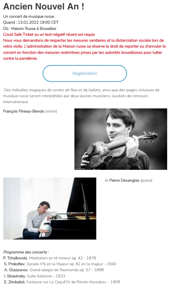 Page Internet. Maisson Russe. Concert de musique russe. Ancien Nouvel An. François Pineau-Benois (violon) et Pierre Desangles (piano). 2022-01-13